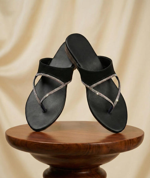 Women’s Black Crystal Embellished Flat Sandals | Stylish Daily & Party Wear